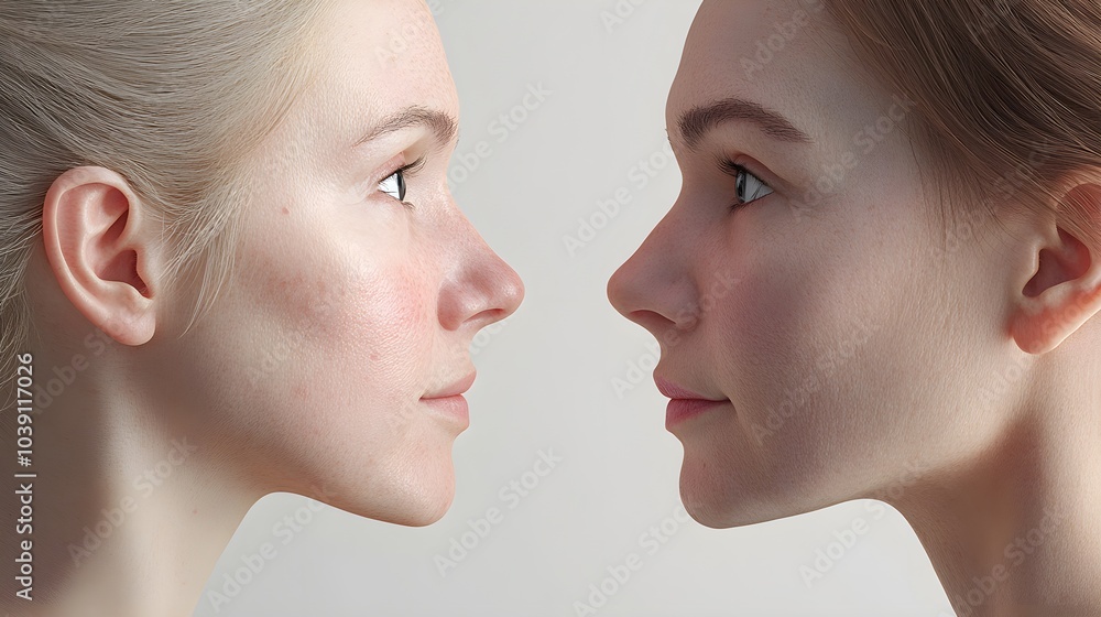 Visual comparison of facial skin sagging before and after a facelift, showcasing improved firmness and wrinkle reduction, Digital Illustration, Neutral Background Visual comparison of facial skin sagging before and after a facelift, showcasing improved firmness and wrinkle reduction, Digital Illustration, Neutral Background