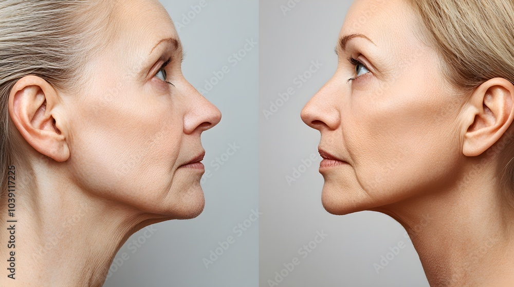 Side-by-side images of a patient's facelift results, showing skin tightening and smoother complexion, with testimonial text, Realistic, High Detail Side-by-side images of a patient's facelift results, showing skin tightening and smoother complexion, with testimonial text, Realistic, High Detail