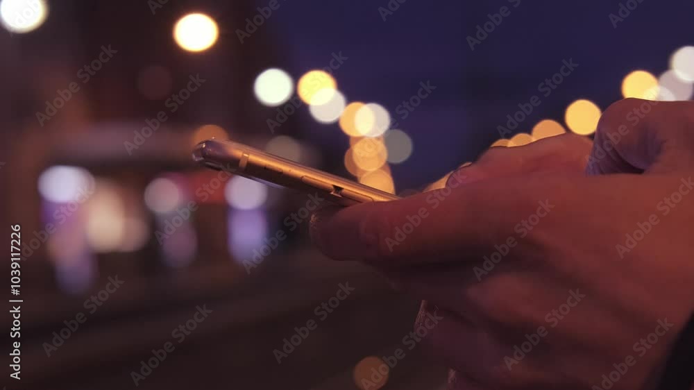 closeup modern phone in male hands, Twilight on platform above-ground metro station, man holds his phone in dark with lights of traffic, city and passing trains in background, person in subway