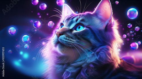 Soft glowing orbs float around the cat, casting a mysterious blue and purple light. In the background, distant flying cars zoom past towering skyscrapers, while the cat gazes calmly at the bustling 