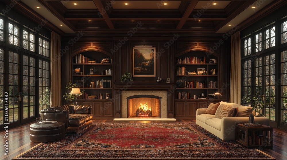 Cozy living room with a fireplace and bookshelves. Cozy living room with a fireplace and bookshelves.