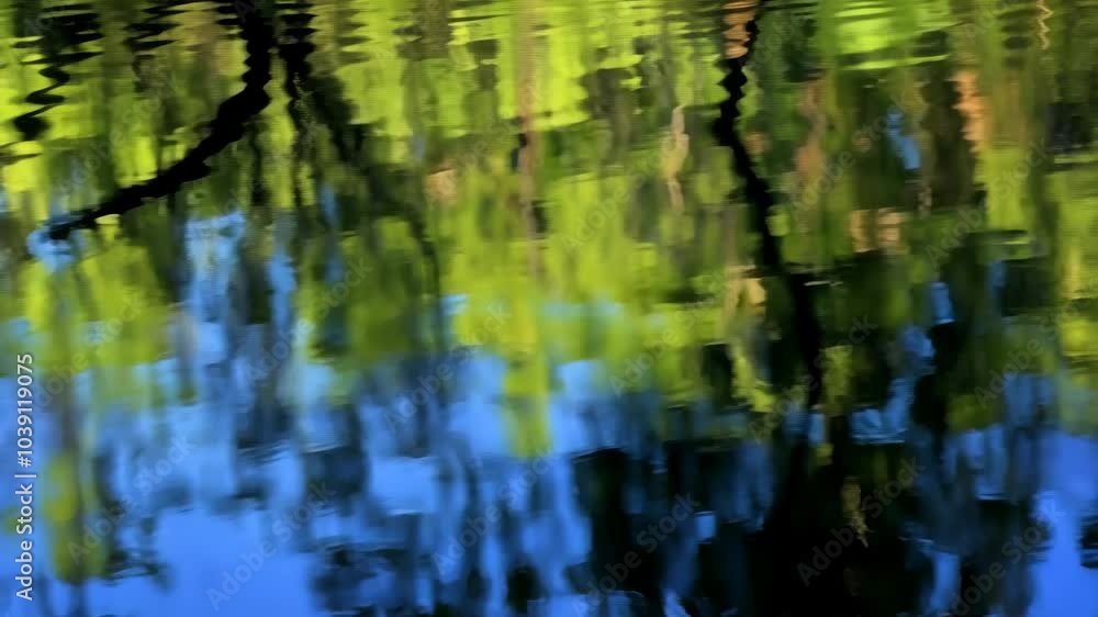 A vibrant reflection of green trees and a blue sky in a still pond on a summer day A vibrant reflection of green trees and a blue sky in a still pond on a summer day