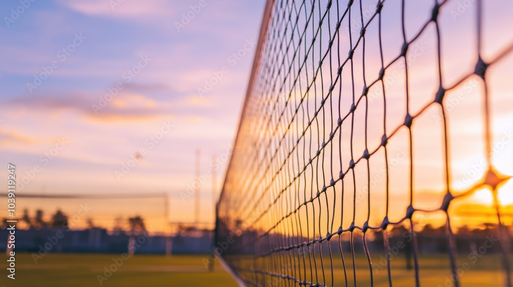 A volleyball net with tensioned cables, outdoor setting with sunset hues, Contemporary style A volleyball net with tensioned cables, outdoor setting with sunset hues, Contemporary style