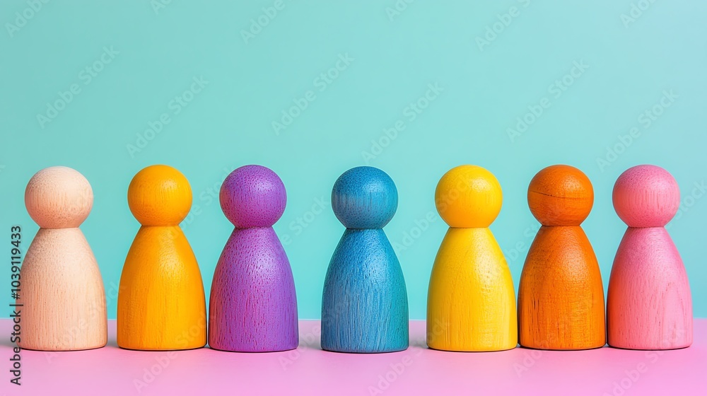 Colorful wooden figures lined up on a pastel background. Colorful wooden figures lined up on a pastel background.