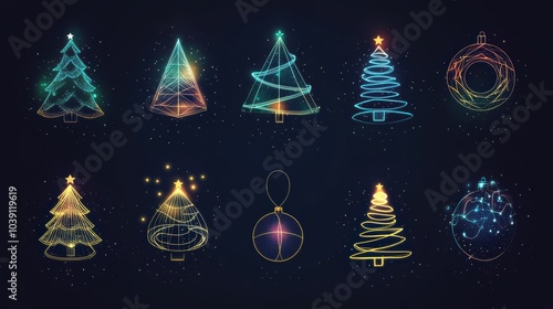 Delicate glowing lines create minimalist silhouettes of Christmas trees and ornaments, illuminating the dark background with festive charm. Generative AI