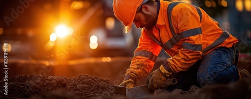 Construction worker in high visibility gear working on a site at sunset.