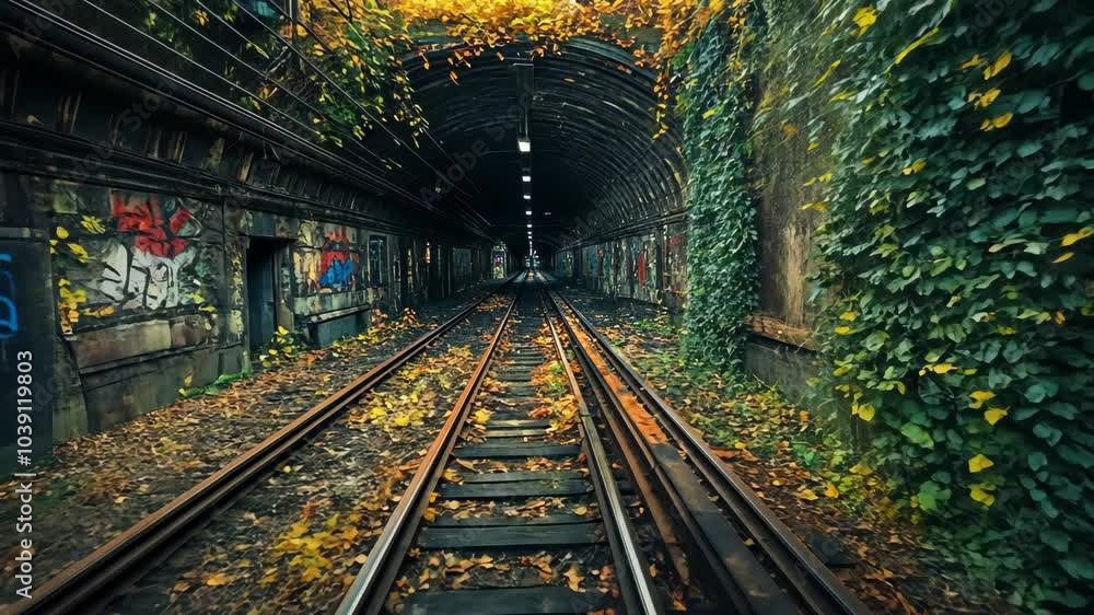 A long, dark train tunnel is overgrown with ivy, with fallen leaves on the tracks A long, dark train tunnel is overgrown with ivy, with fallen leaves on the tracks