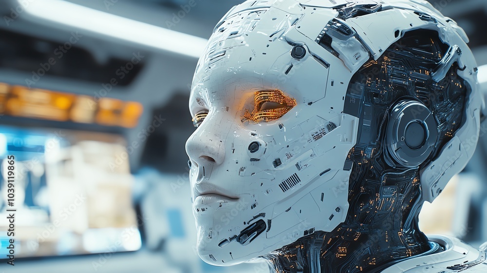 Futuristic humanoid robot with detailed circuitry and glowing eyes. Futuristic humanoid robot with detailed circuitry and glowing eyes.