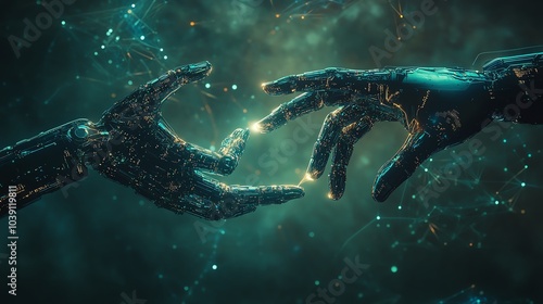 Futuristic hands connecting in a digital universe.