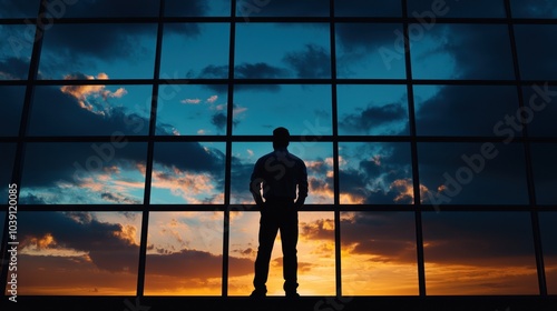 Silhouette of a person against a large glass window showcasing a colorful sunset sky.