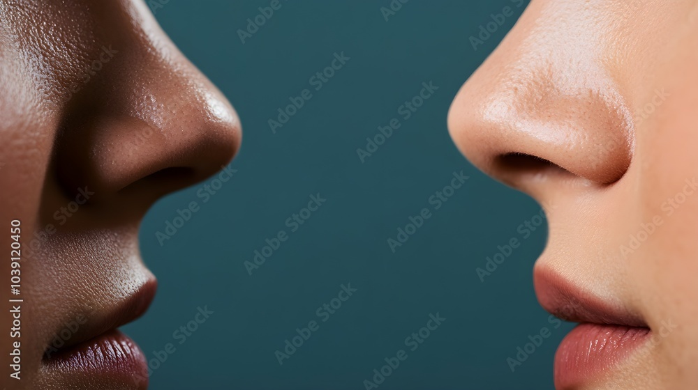 Obraz premium Split view of rhinoplasty results, before-and-after images of the nose showing the refined contour and symmetry, Photorealistic, High-Resolution
