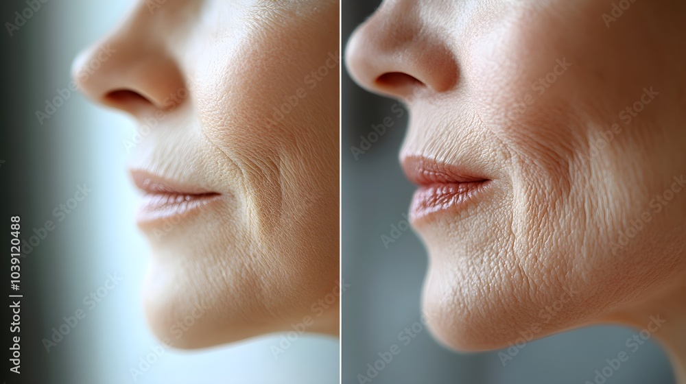 Obraz premium Detailed before-and-after shots of a woman's mouth area, focusing on wrinkle reduction and smoother skin with anti-aging treatment, High-Resolution, Clean Lighting