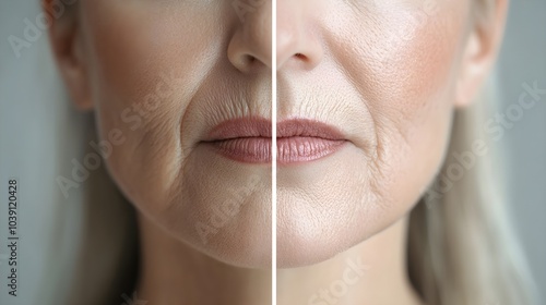 Develop an infographic explaining how wrinkles form around the mouth, paired with real before-and-after examples after treatment photo