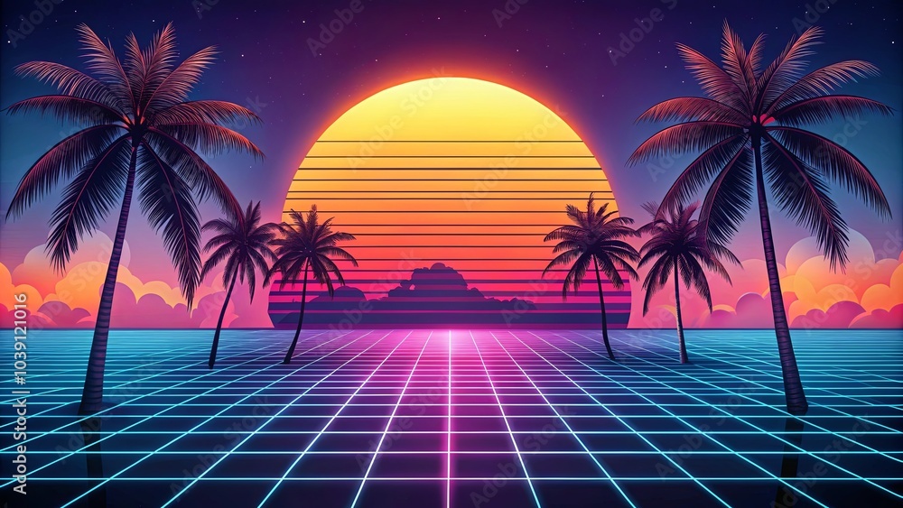 Naklejka premium Sunset Glow Over a Neon Grid, Bathed in Retro Futuristic Hues and Surrounded by Palm Trees