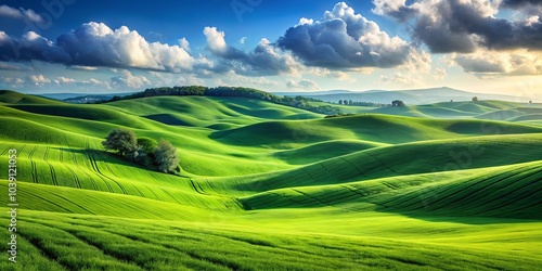 A Verdant Canvas of Rolling Hills, Bathed in the Warm Embrace of a Gentle Summer Sky