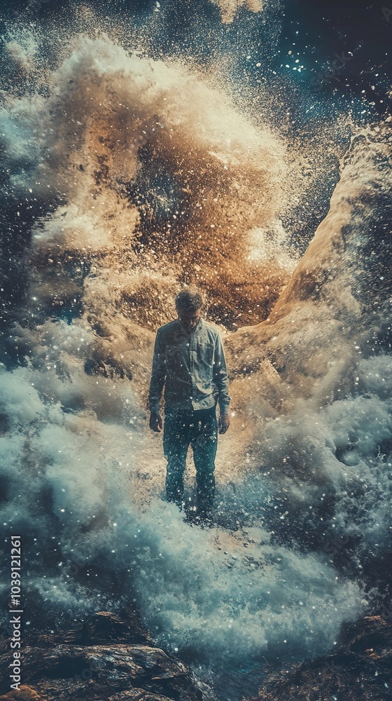 Man Standing in a Stormy Sea - A Surreal and Dramatic Image Man Standing in a Stormy Sea - A Surreal and Dramatic Image