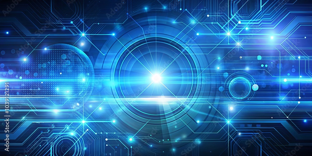 Obraz premium Abstract digital circuitry, glowing with vibrant blue hues and intricate lines, creates a dynamic visual of interconnectedness.