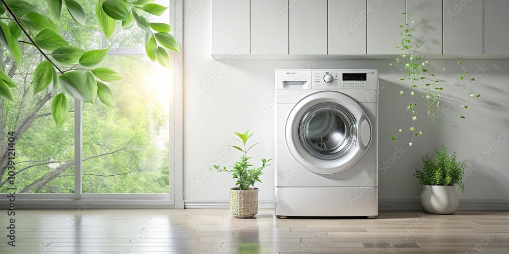 Sunlight streams through a window, illuminating a white washing machine in a serene, minimalist setting. The machine is flanked by potted plants, adding a touch of nature to the space. Sunlight streams through a window, illuminating a white washing machine in a serene, minimalist setting. The machine is flanked by potted plants, adding a touch of nature to the space.
