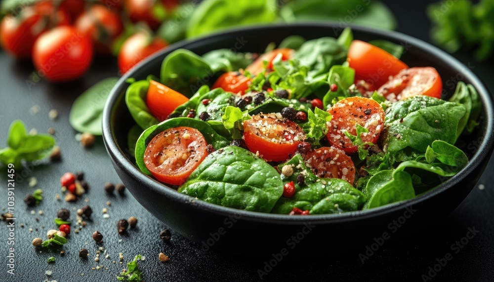 Fresh spinach salad with tomatoes, salt, and pepper. Perfect for showcasing healthy food, dieting, or cooking. Fresh spinach salad with tomatoes, salt, and pepper. Perfect for showcasing healthy food, dieting, or cooking.