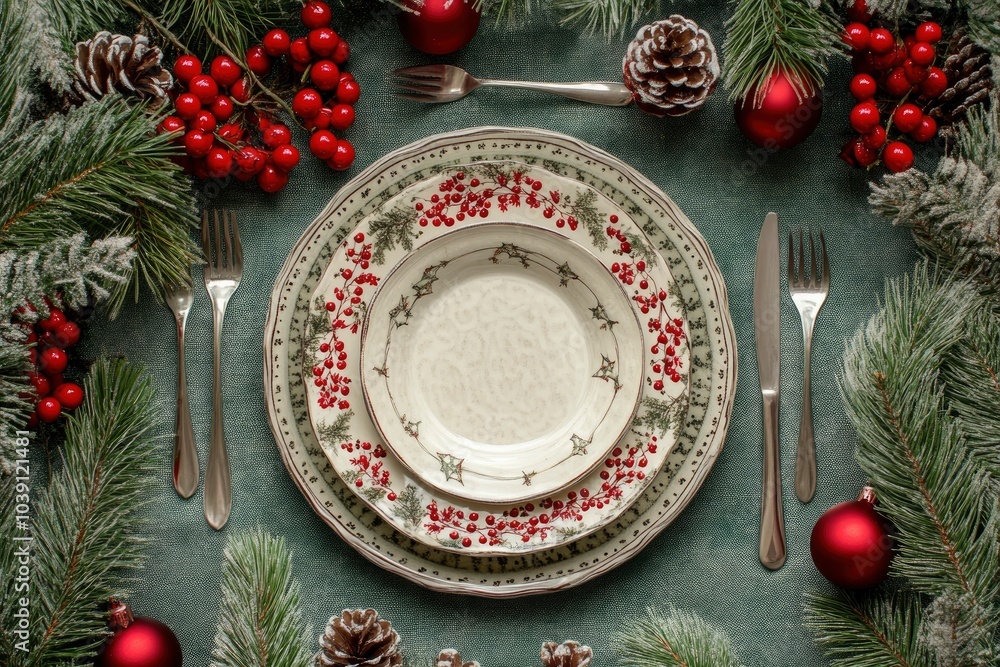 Christmas table with plate, Cutlery and festive decor. Fir branches with red decorations, copy space background - generative ai Christmas table with plate, Cutlery and festive decor. Fir branches with red decorations, copy space background - generative ai