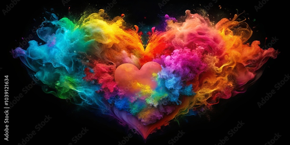 Fototapeta premium A vibrant explosion of colors forming a heart shape with ethereal swirls of smoke against a dark background.