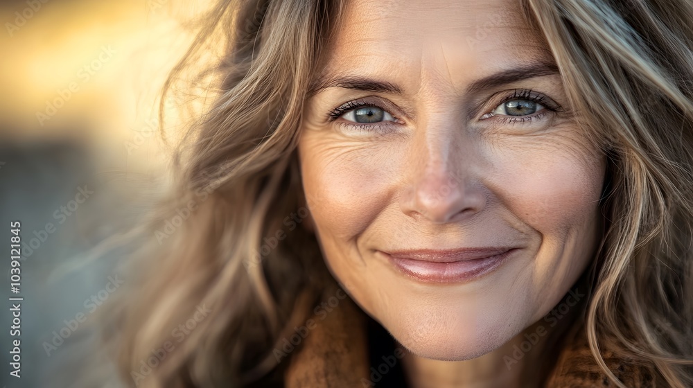 Active beautiful middle-aged woman smiling friendly and looking in camera. Woman's face closeup. Realistic images without retouching with their own imperfections. Selective focus. Active beautiful middle-aged woman smiling friendly and looking in camera. Woman's face closeup. Realistic images without retouching with their own imperfections. Selective focus.
