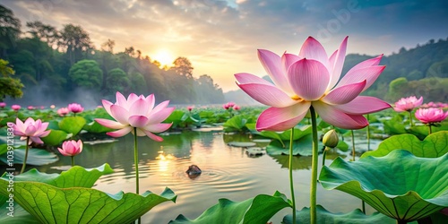 Delicate Pink Lotus Flowers in a Serene Pond at Sunrise, Reflecting the Golden Light of the Rising Sun