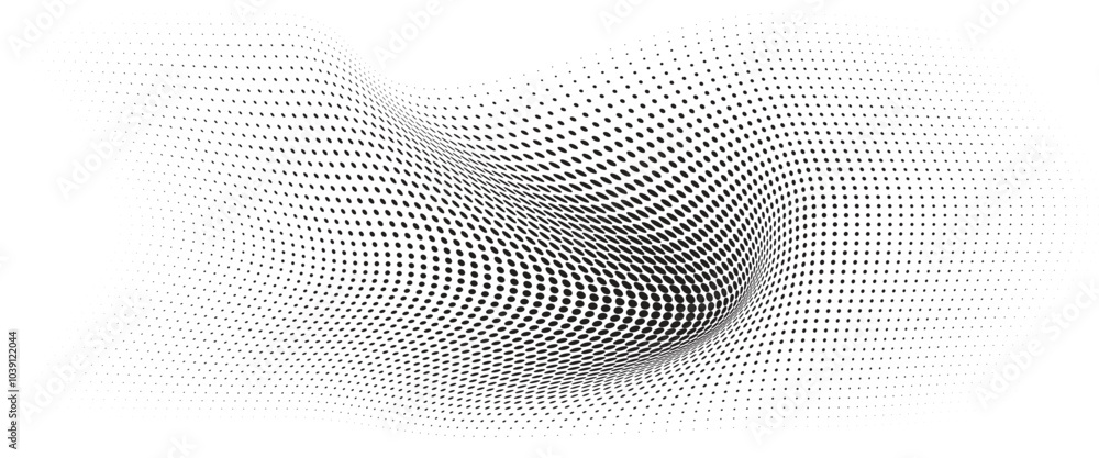 Flowing Wave Dot Halftone Pattern: Curve Gradient Shape on Transparent Background. Suitable for AI, Tech, Network, Digital, Science, and Technology Themes. Flowing Wave Dot Halftone Pattern: Curve Gradient Shape on Transparent Background. Suitable for AI, Tech, Network, Digital, Science, and Technology Themes.
