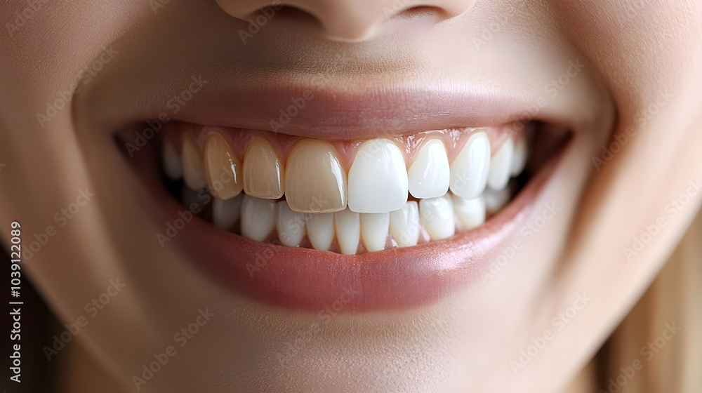 Fototapeta premium Before-and-after photos of a smile makeover, highlighting the dramatic change veneers made in tooth shape and color, Clean Background, Photorealistic