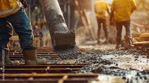 Beam formwork construction, focusing on workers pouring concrete