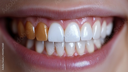 Time-lapse of tooth whitening, showing a step-by-step improvement in color, starting with stained teeth and ending with a brilliant white smile post-treatment