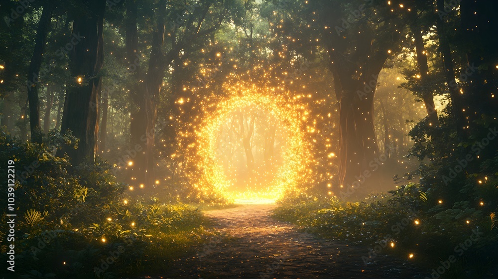Fototapeta premium Enchanted forest with towering trees encircling a radiant portal, glowing with magical energy, vibrant flora and sparkling particles filling the air