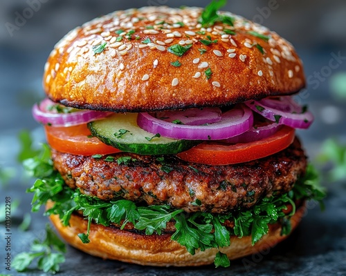 A delicious hamburger with fresh toppings. This photo is perfect for use in marketing materials for restaurants or food blogs. photo