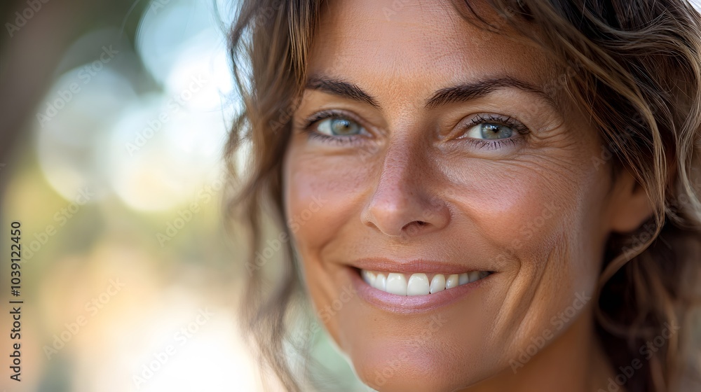 Active beautiful middle-aged woman smiling friendly and looking in camera. Woman's face closeup. Realistic images without retouching with their own imperfections. Selective focus. Active beautiful middle-aged woman smiling friendly and looking in camera. Woman's face closeup. Realistic images without retouching with their own imperfections. Selective focus.