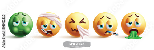 Emoji sick characters vector set. Emojis illness emoticon facial expressions like flu, nauseous, sneezing, fever and vomit icon elements collection in white background. Vector illustration sick
