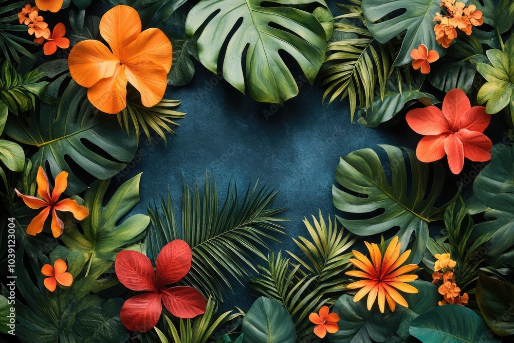 Tropical leaves and flowers surround a dark blue background. This image can be used for promoting vacations, travel, or nature products. Tropical leaves and flowers surround a dark blue background. This image can be used for promoting vacations, travel, or nature products.