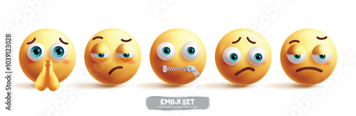 Emoji emoticon characters vector set. Emojis yellow icon collection in begging, sad, quiet, disappointed and regret facial expression character isolated in white background. Vector illustration emotic