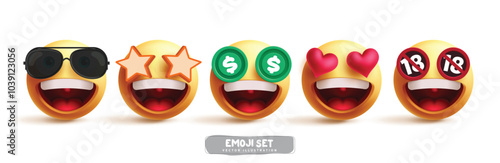 Emoji happy 3d characters vector set. Emojis emoticon character in cool, starry- eyed, rich, in love and funny facial expression yellow icon collection graphic elements. Vector illustration emoticon 