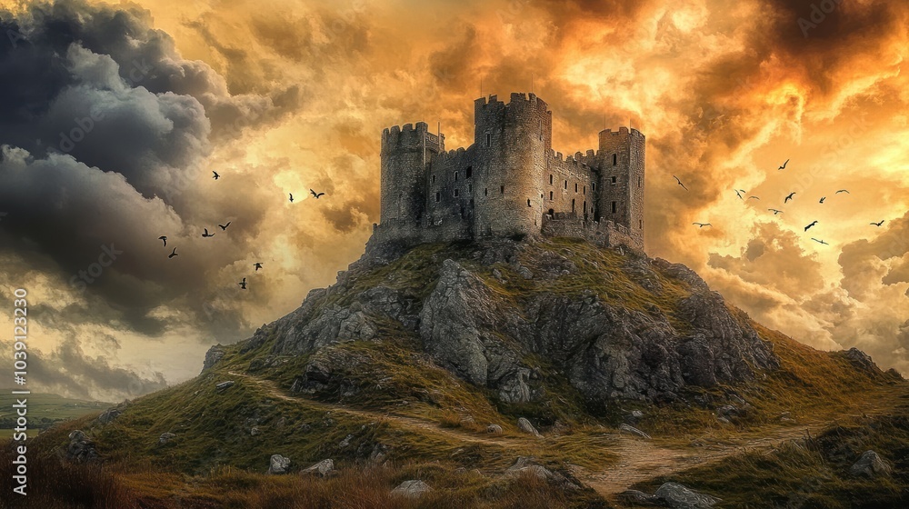 Fototapeta premium A majestic stone castle sits atop a rocky hill, bathed in the golden light of a dramatic sunset. Birds fly overhead against a backdrop of stormy clouds.