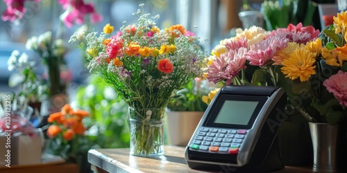 Card payment at a florist, with a flower bouquet and credit card machine in view photo