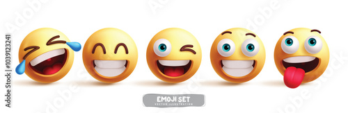 Emoji funny emoticon characters vector set. Emojis emoticon in happy, smile, fun, joy, and cute icon graphic character elements collection. Vector illustration emojis yellow emoticon collection.
