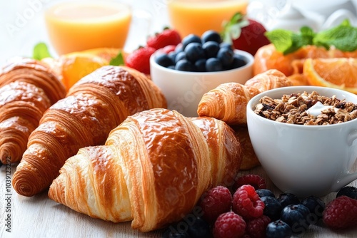 Wallpaper Mural The image shows croissants, orange slices, blueberries, raspberries, granola, and a glass of orange juice. This photo could be used for a website about food, breakfast, or healthy eating. Torontodigital.ca