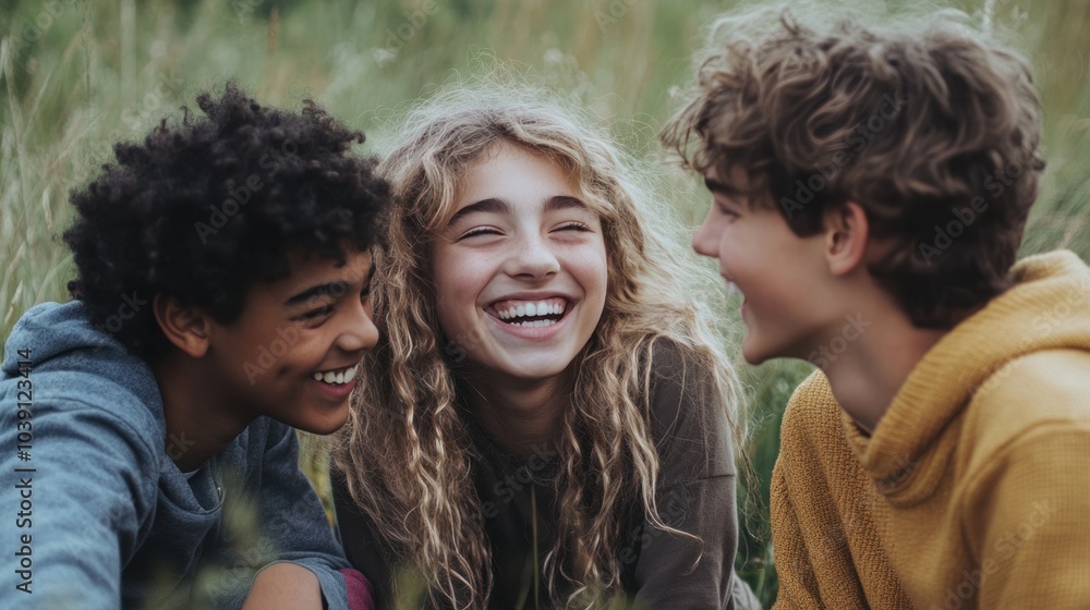 Fototapeta premium Childhood friends reuniting, smiling, and sharing memories