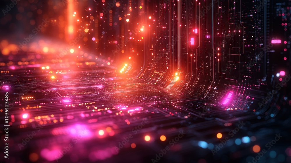Fototapeta premium Abstract digital landscape with glowing circuits and vibrant lights.