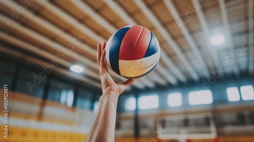 A volleyball player's hands setting the ball, indoor setting with gymnasium lights, Professional style