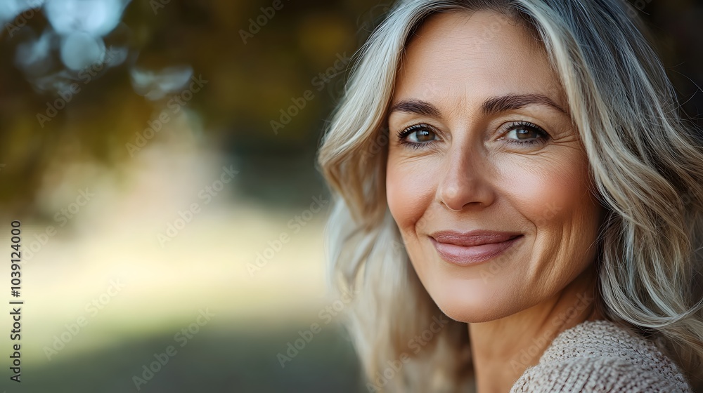 Active beautiful middle-aged woman smiling friendly and looking in camera. Woman's face closeup. Realistic images without retouching with their own imperfections. Selective focus. Active beautiful middle-aged woman smiling friendly and looking in camera. Woman's face closeup. Realistic images without retouching with their own imperfections. Selective focus.