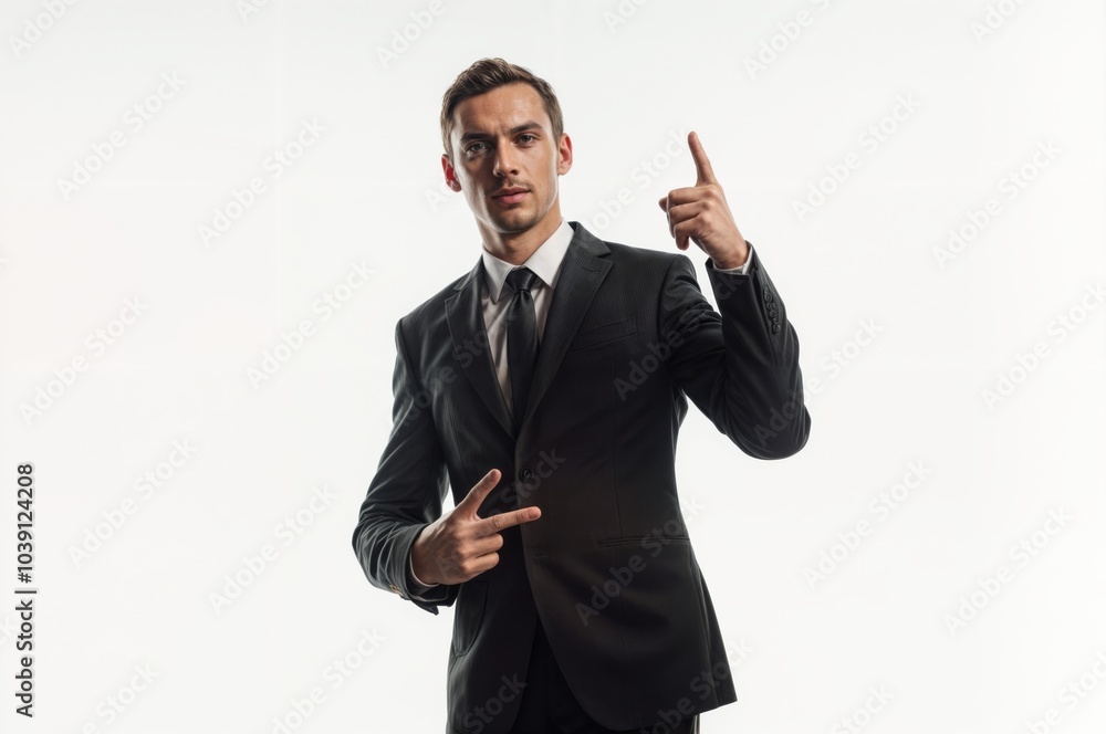 A confident businessman in a formal suit making dynamic hand gestures, isolated on a white background, conveying leadership and communication.. A confident businessman in a formal suit making dynamic hand gestures, isolated on a white background, conveying leadership and communication..