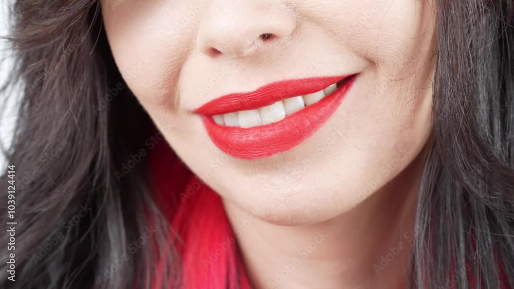 Happy smile, Lips with red lipstick close-up. Caucasian girl with red lips smiling wide showing white teeth. Anonymous lady studio still shot slow motion. Happy smile, Lips with red lipstick close-up. Caucasian girl with red lips smiling wide showing white teeth. Anonymous lady studio still shot slow motion.