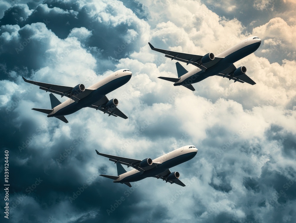 Obraz premium Three airplanes flying through dramatic cloud-filled sky