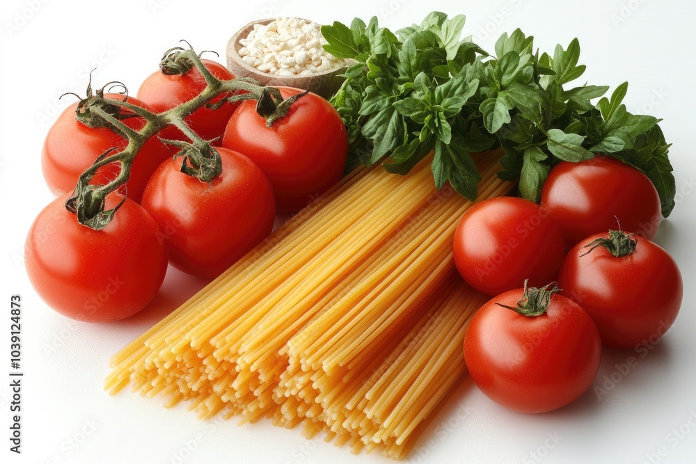 Fresh tomatoes, pasta and basil. Perfect for an Italian meal. Fresh tomatoes, pasta and basil. Perfect for an Italian meal.